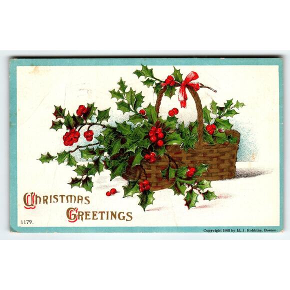 Vintage 1908 Christmas Greetings Postcard with Holly Basket Embossed - Picture 1 of 2
